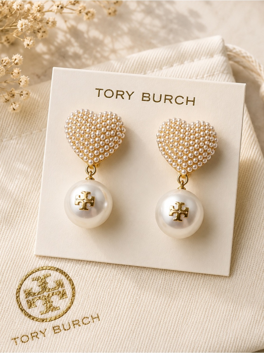 Tory Burch Gold-Tone Pink Pearl Heart Drop Earrings